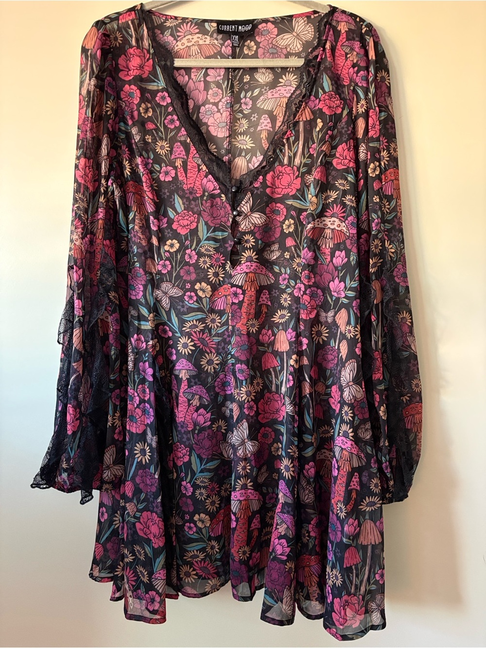 Dolls Kill Current Mood Black Floral Sheer Long-Sleeve Dress